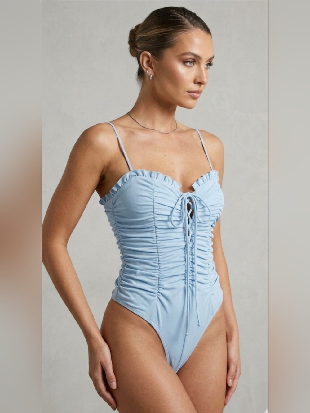 Coquette Aesthetic Blue Ruched Bodysuit Bustier Style with Ruffles  Size M